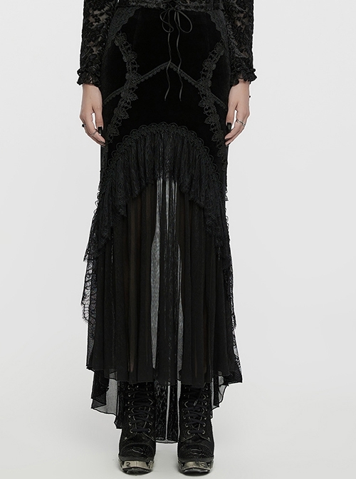 Elegant Half Circle Black Stretch Velvet Spliced ​​Pleated Chiffon Side Zipper Design Gothic Style Fishtail Skirt