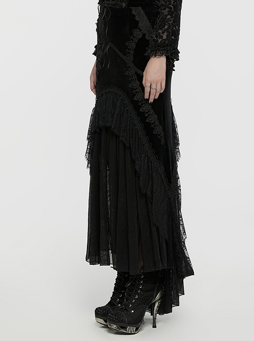 Elegant Half Circle Black Stretch Velvet Spliced ​​Pleated Chiffon Side Zipper Design Gothic Style Fishtail Skirt