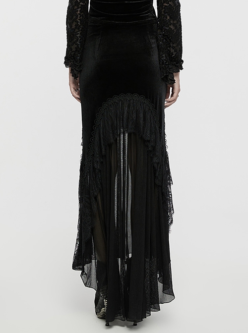 Elegant Half Circle Black Stretch Velvet Spliced ​​Pleated Chiffon Side Zipper Design Gothic Style Fishtail Skirt