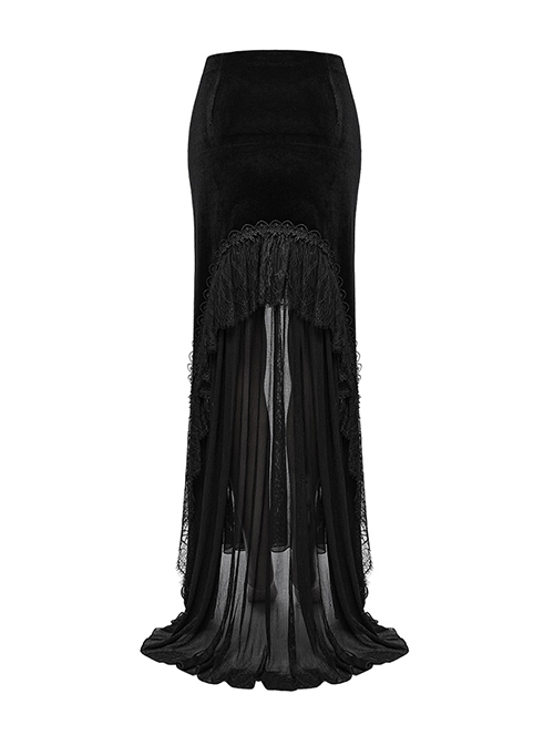 Elegant Half Circle Black Stretch Velvet Spliced ​​Pleated Chiffon Side Zipper Design Gothic Style Fishtail Skirt