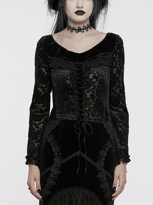 Black Gorgeous Velvet Splicing Flocking Flower Net Front Middle V Neck With Lace Lace Gothic Style Long Sleeved T-Shirt