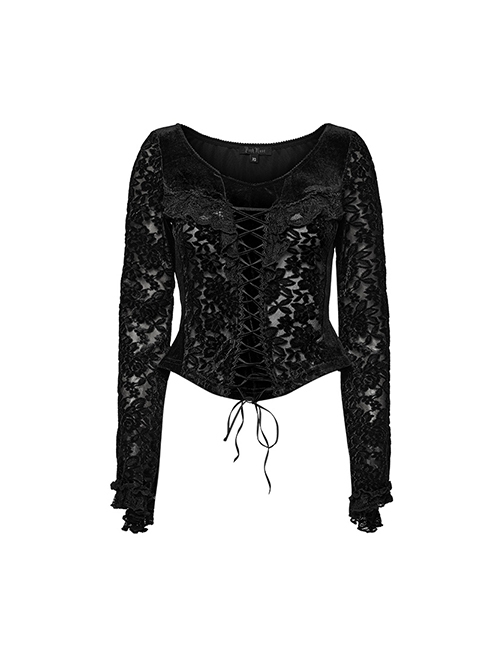 Black Gorgeous Velvet Splicing Flocking Flower Net Front Middle V Neck With Lace Lace Gothic Style Long Sleeved T-Shirt