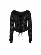 Black Gorgeous Velvet Splicing Flocking Flower Net Front Middle V Neck With Lace Lace Gothic Style Long Sleeved T-Shirt