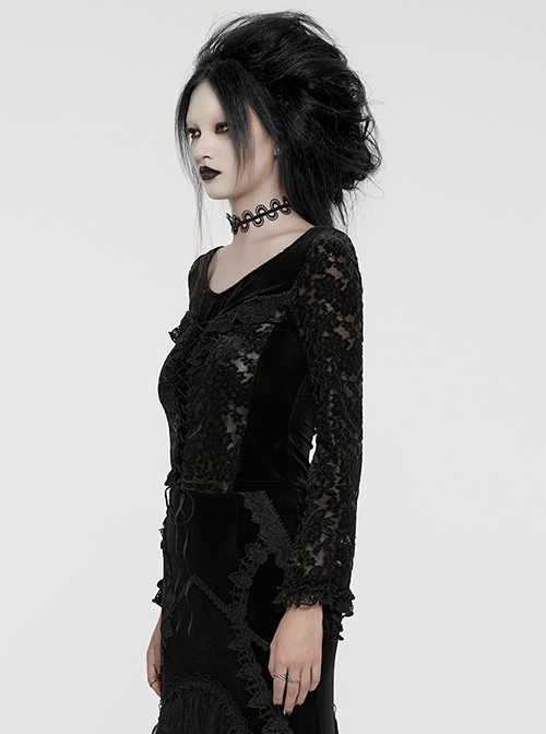 Black Gorgeous Velvet Splicing Flocking Flower Net Front Middle V Neck With Lace Lace Gothic Style Long Sleeved T-Shirt