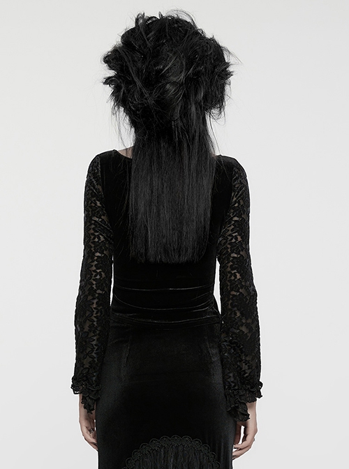 Black Gorgeous Velvet Splicing Flocking Flower Net Front Middle V Neck With Lace Lace Gothic Style Long Sleeved T-Shirt