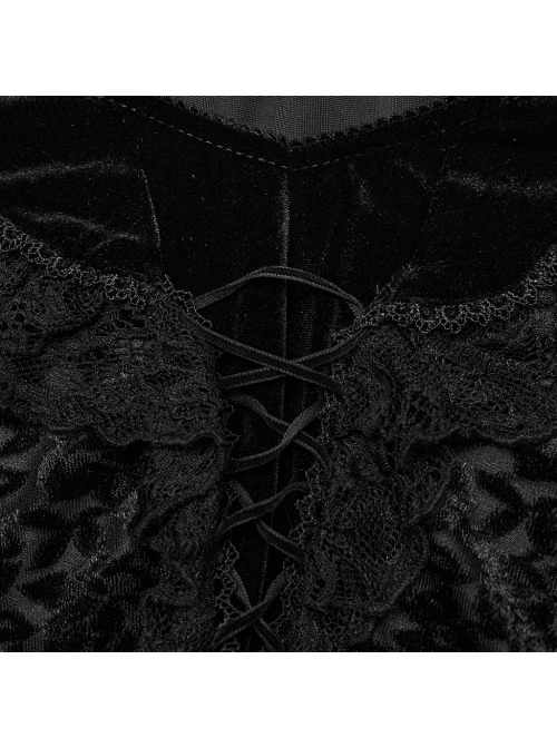 Black Gorgeous Velvet Splicing Flocking Flower Net Front Middle V Neck With Lace Lace Gothic Style Long Sleeved T-Shirt