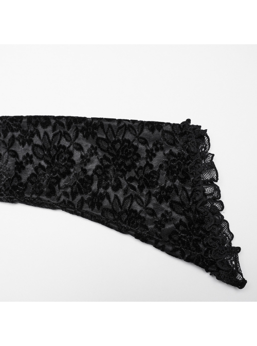 Black Gorgeous Velvet Splicing Flocking Flower Net Front Middle V Neck With Lace Lace Gothic Style Long Sleeved T-Shirt