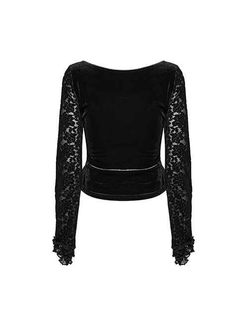 Black Gorgeous Velvet Splicing Flocking Flower Net Front Middle V Neck With Lace Lace Gothic Style Long Sleeved T-Shirt