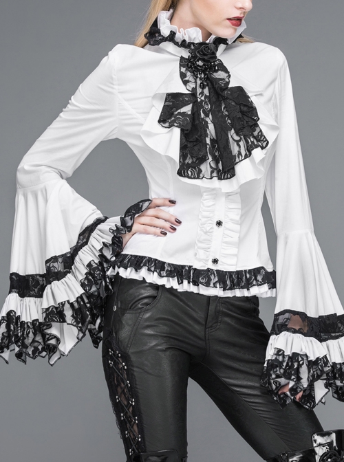 Big Flared Long Sleeves Black Chest Lace Frilly Back Lace-Up White Gothic Blouse