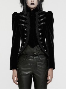 Asymmetrical Black Velvet Fabric Delicate Appliques Gothic Style Long Sleeved Stand Up Collar Coat