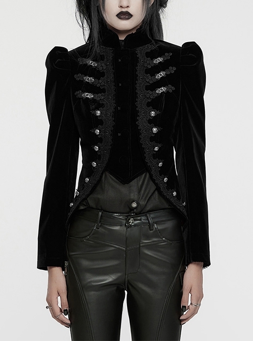 Asymmetrical Black Velvet Fabric Delicate Appliques Gothic Style Long Sleeved Stand Up Collar Coat