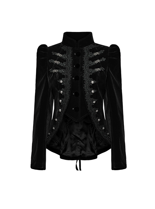 Asymmetrical Black Velvet Fabric Delicate Appliques Gothic Style Long Sleeved Stand Up Collar Coat