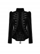 Asymmetrical Black Velvet Fabric Delicate Appliques Gothic Style Long Sleeved Stand Up Collar Coat