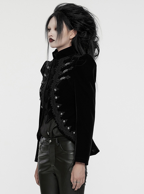 Asymmetrical Black Velvet Fabric Delicate Appliques Gothic Style Long Sleeved Stand Up Collar Coat