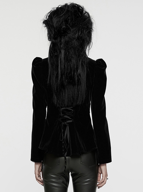Asymmetrical Black Velvet Fabric Delicate Appliques Gothic Style Long Sleeved Stand Up Collar Coat