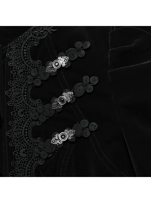 Asymmetrical Black Velvet Fabric Delicate Appliques Gothic Style Long Sleeved Stand Up Collar Coat