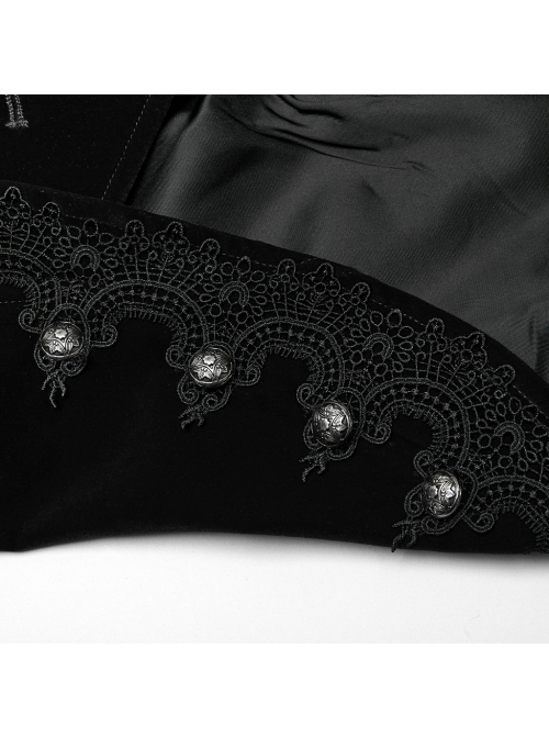 Asymmetrical Black Velvet Fabric Delicate Appliques Gothic Style Long Sleeved Stand Up Collar Coat