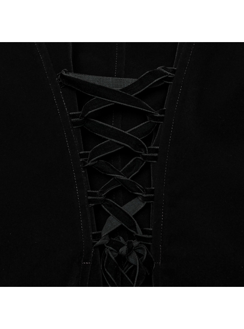 Asymmetrical Black Velvet Fabric Delicate Appliques Gothic Style Long Sleeved Stand Up Collar Coat