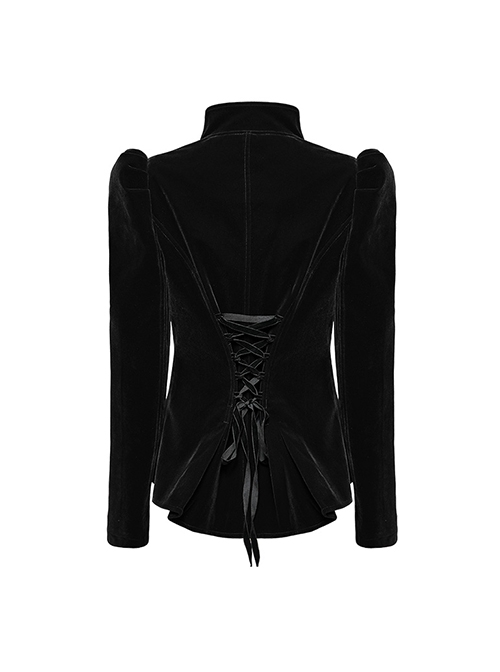 Asymmetrical Black Velvet Fabric Delicate Appliques Gothic Style Long Sleeved Stand Up Collar Coat