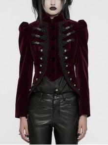 Asymmetrical Red Velvet Fabric Delicate Appliques Gothic Style Long Sleeved Stand Up Collar Coat