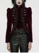 Asymmetrical Red Velvet Fabric Delicate Appliques Gothic Style Long Sleeved Stand Up Collar Coat
