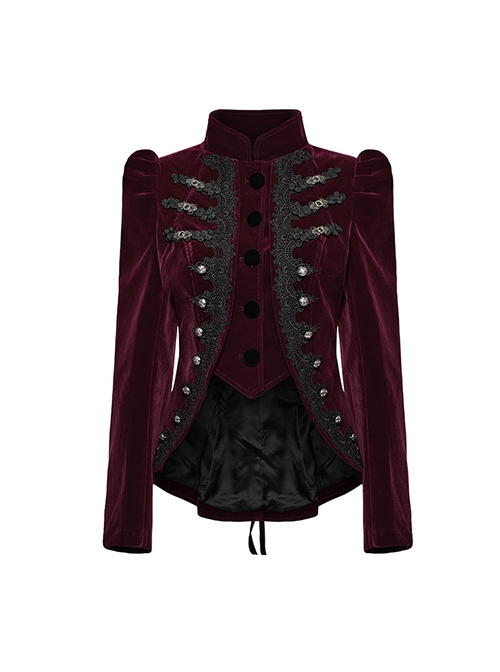 Asymmetrical Red Velvet Fabric Delicate Appliques Gothic Style Long Sleeved Stand Up Collar Coat