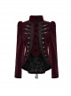 Asymmetrical Red Velvet Fabric Delicate Appliques Gothic Style Long Sleeved Stand Up Collar Coat