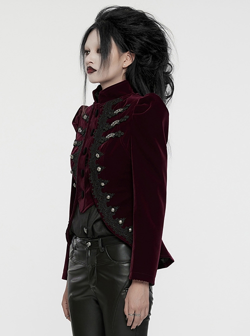 Asymmetrical Red Velvet Fabric Delicate Appliques Gothic Style Long Sleeved Stand Up Collar Coat