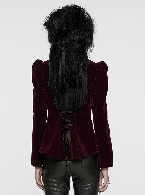 Asymmetrical Red Velvet Fabric Delicate Appliques Gothic Style Long Sleeved Stand Up Collar Coat