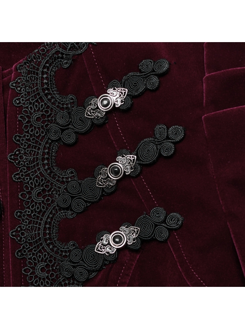 Asymmetrical Red Velvet Fabric Delicate Appliques Gothic Style Long Sleeved Stand Up Collar Coat