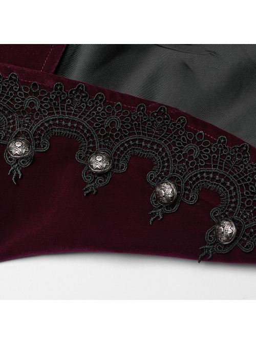 Asymmetrical Red Velvet Fabric Delicate Appliques Gothic Style Long Sleeved Stand Up Collar Coat