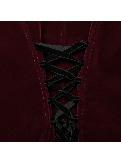Asymmetrical Red Velvet Fabric Delicate Appliques Gothic Style Long Sleeved Stand Up Collar Coat