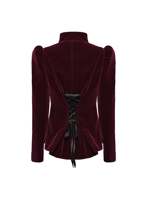 Asymmetrical Red Velvet Fabric Delicate Appliques Gothic Style Long Sleeved Stand Up Collar Coat