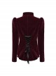Asymmetrical Red Velvet Fabric Delicate Appliques Gothic Style Long Sleeved Stand Up Collar Coat