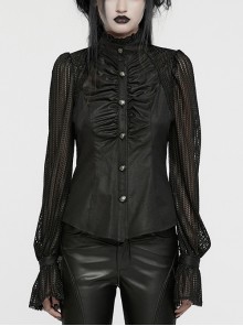 Black Light Woven Patchwork Mesh Front Center Pleats Exquisite Hand Stitched Pattern Embellishment Gothic Style Lantern Sleeve Shirt
