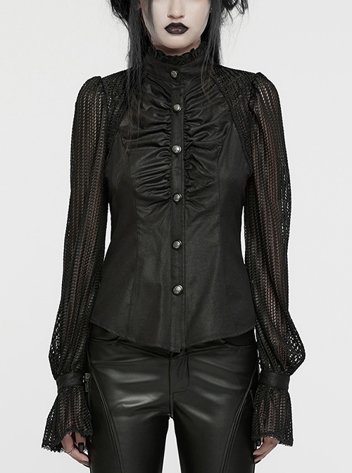 Black Light Woven Patchwork Mesh Front Center Pleats Exquisite Hand Stitched Pattern Embellishment Gothic Style Lantern Sleeve Shirt