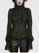 Black Light Woven Patchwork Mesh Front Center Pleats Exquisite Hand Stitched Pattern Embellishment Gothic Style Lantern Sleeve Shirt
