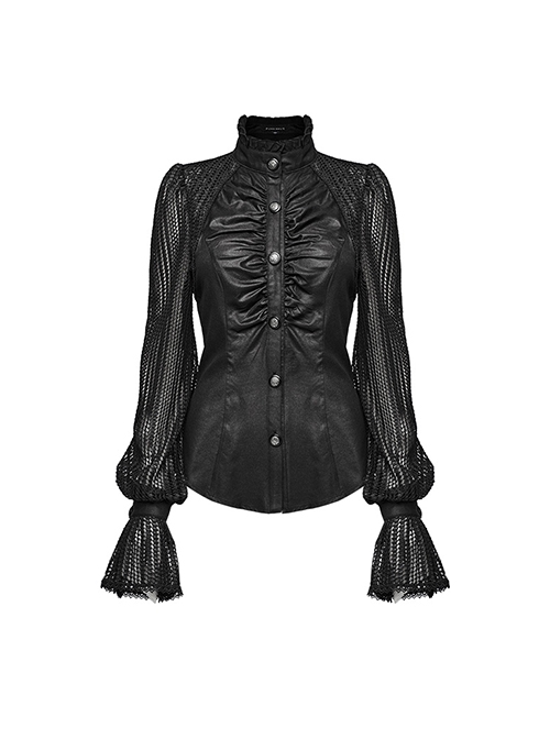 Black Light Woven Patchwork Mesh Front Center Pleats Exquisite Hand Stitched Pattern Embellishment Gothic Style Lantern Sleeve Shirt