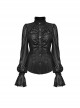 Black Light Woven Patchwork Mesh Front Center Pleats Exquisite Hand Stitched Pattern Embellishment Gothic Style Lantern Sleeve Shirt