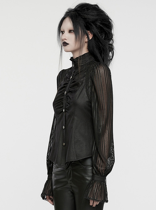 Black Light Woven Patchwork Mesh Front Center Pleats Exquisite Hand Stitched Pattern Embellishment Gothic Style Lantern Sleeve Shirt