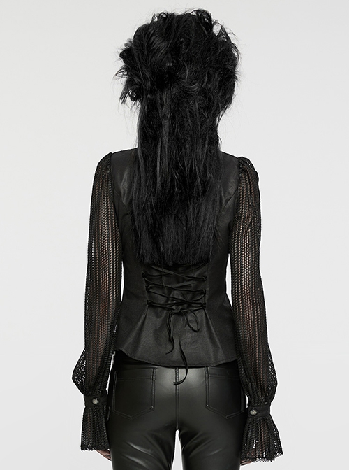 Black Light Woven Patchwork Mesh Front Center Pleats Exquisite Hand Stitched Pattern Embellishment Gothic Style Lantern Sleeve Shirt