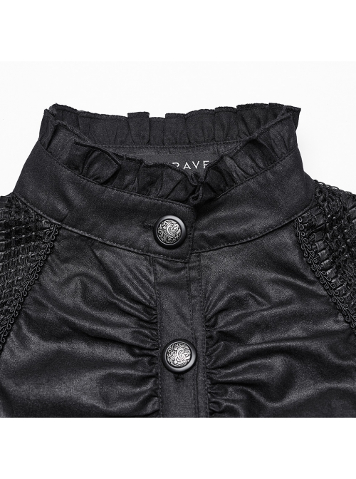 Black Light Woven Patchwork Mesh Front Center Pleats Exquisite Hand Stitched Pattern Embellishment Gothic Style Lantern Sleeve Shirt