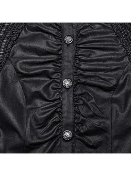 Black Light Woven Patchwork Mesh Front Center Pleats Exquisite Hand Stitched Pattern Embellishment Gothic Style Lantern Sleeve Shirt