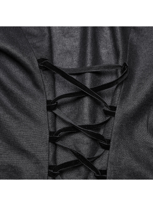 Black Light Woven Patchwork Mesh Front Center Pleats Exquisite Hand Stitched Pattern Embellishment Gothic Style Lantern Sleeve Shirt