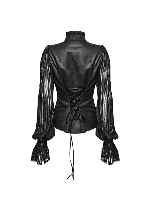Black Light Woven Patchwork Mesh Front Center Pleats Exquisite Hand Stitched Pattern Embellishment Gothic Style Lantern Sleeve Shirt