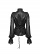 Black Light Woven Patchwork Mesh Front Center Pleats Exquisite Hand Stitched Pattern Embellishment Gothic Style Lantern Sleeve Shirt