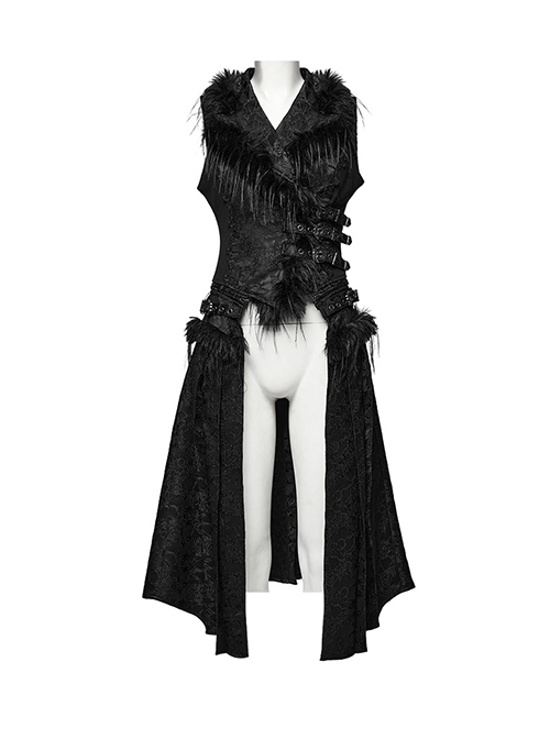 Three Dimensional Black Jacquard Woven Stitching Gorgeous Plush Raw Edge Decoration Gothic Style Detachable Two Way Vest