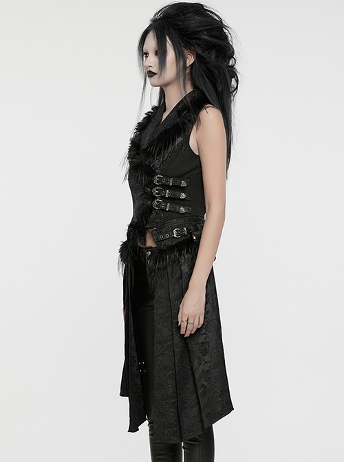 Three Dimensional Black Jacquard Woven Stitching Gorgeous Plush Raw Edge Decoration Gothic Style Detachable Two Way Vest