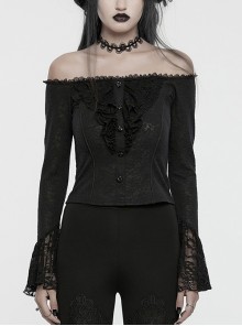 Exquisite Black Rose Woven Stitching Lace Double Layer Ruffle Front Center False Placket Gothic Style Long Sleeved Low Neck T-Shirt