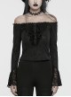Exquisite Black Rose Woven Stitching Lace Double Layer Ruffle Front Center False Placket Gothic Style Long Sleeved Low Neck T-Shirt